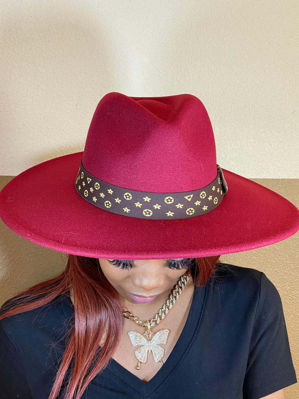 Luxe Band Wide Brim Fedora Burgundy