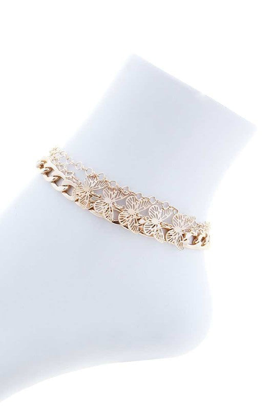 Metal Link Butterfly Anklet Set Gold