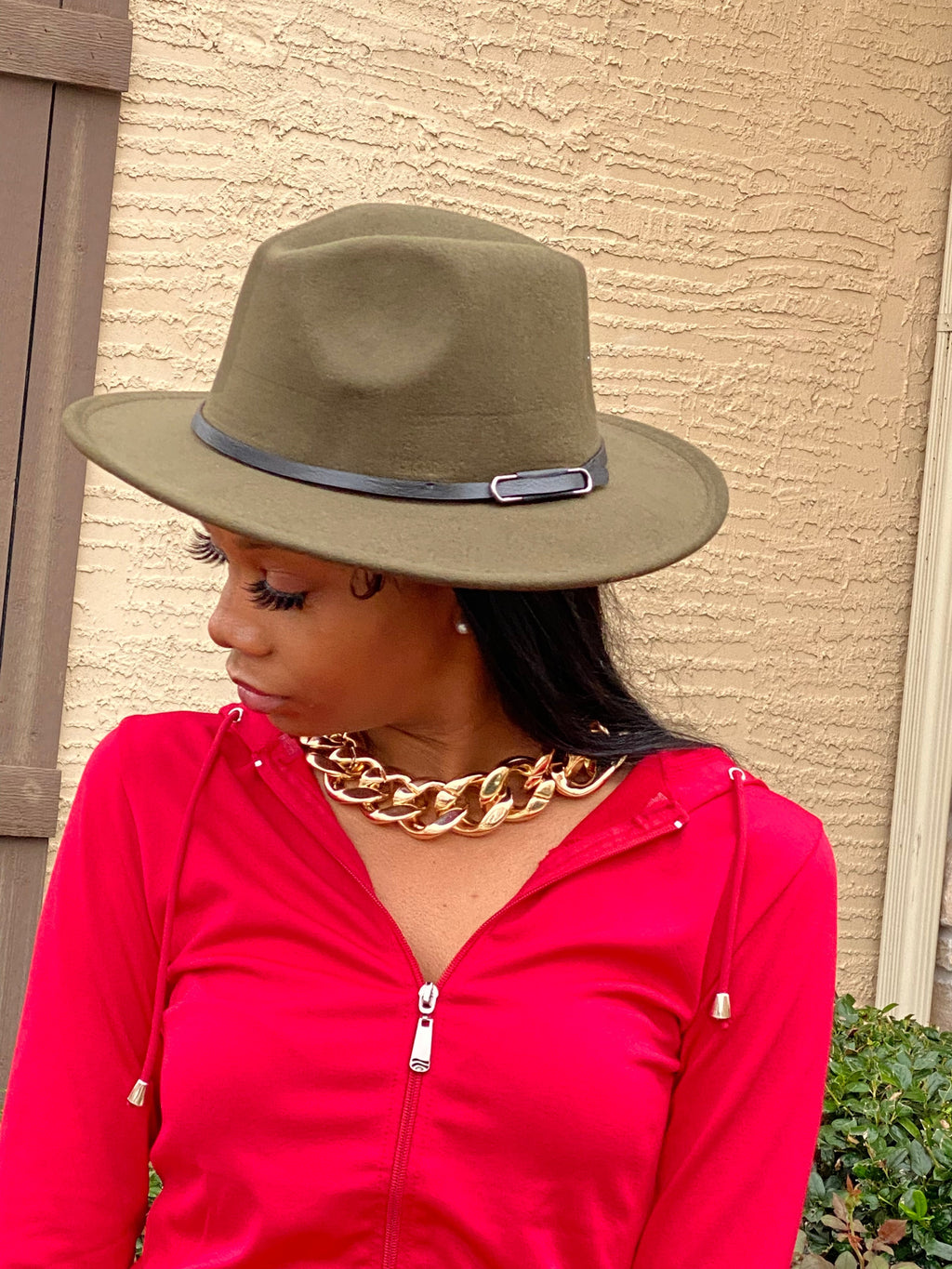 Olive With Red Fedora