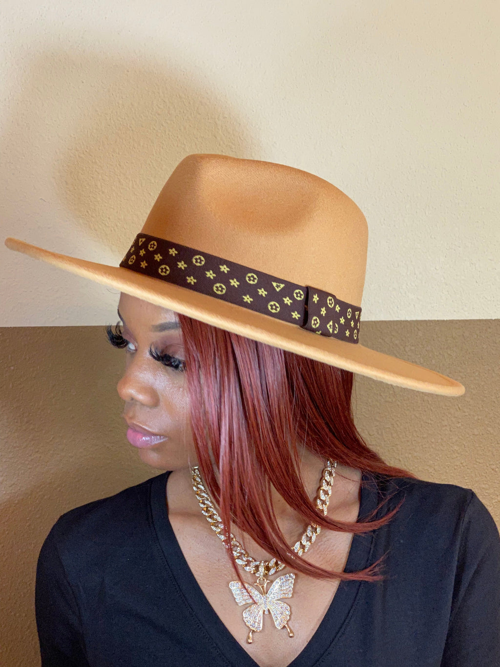 Luxe Band Wide Brim Fedora Camel