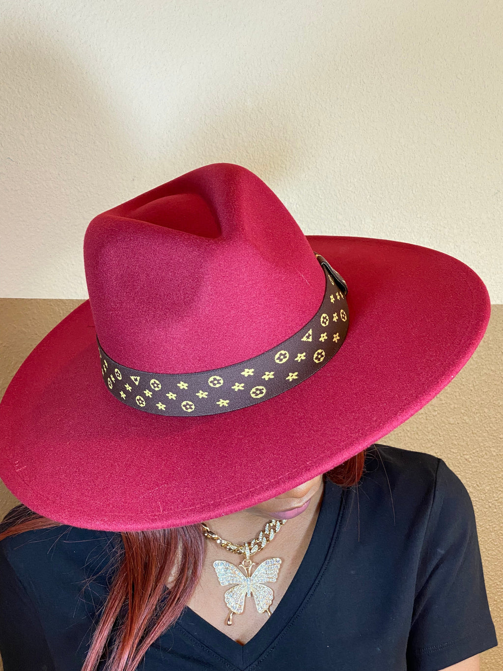 Luxe Band Wide Brim Fedora Burgundy
