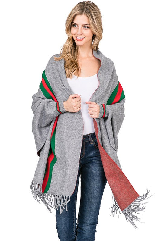 STRIPE SHAWL PONCHO Grey