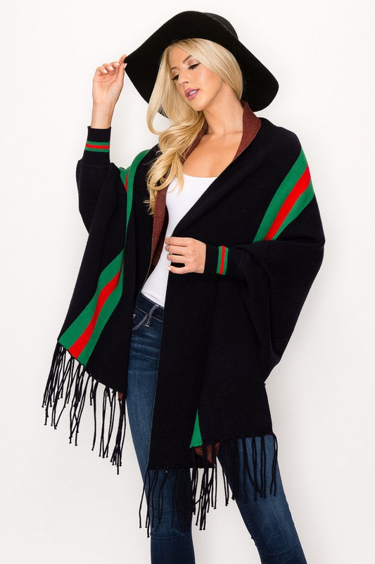 STRIPE SHAWL PONCHO BLACK