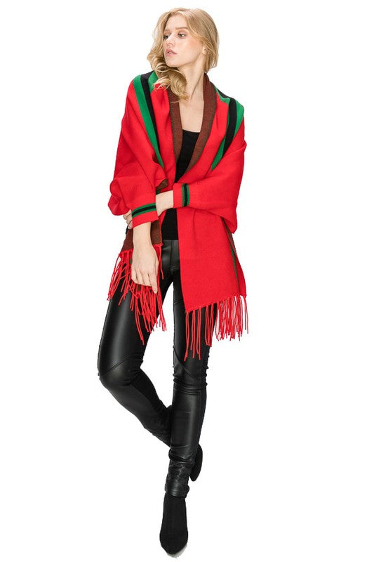 STRIPE SHAWL PONCHO Red