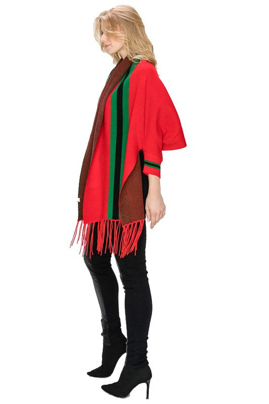 STRIPE SHAWL PONCHO Red