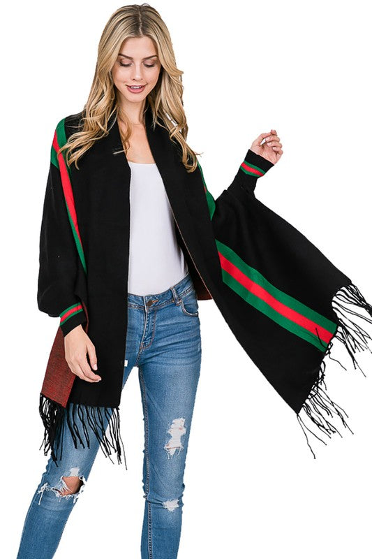 STRIPE SHAWL PONCHO BLACK
